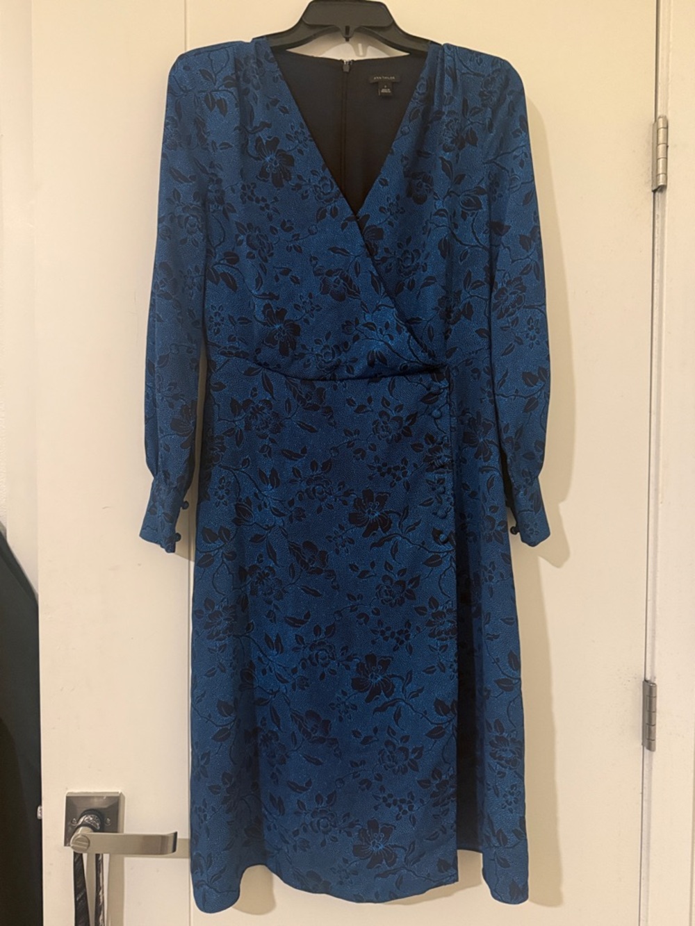 Ann Taylor Royal Blue Floral Wrap-Effect Long Sleeve Dress